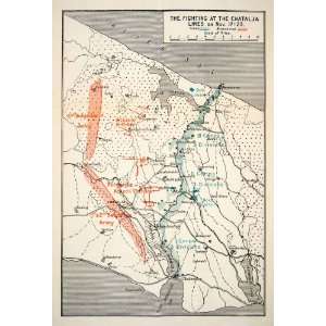  1913 Lithograph Map Battle Chatalja Bulgarian Turkish Armies Balkan 