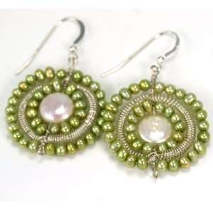   Sterling Silver and Green Freshwater Pearl Gemstone Earrings: Jewelry