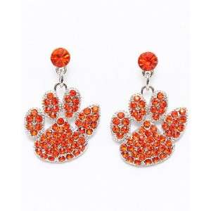  Clemson Orange Tiger Paw Crystal Studded Dangle Earrings 