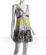 BCBGMAXAZRIA lavender floral pattern silk rosette trim party dress 