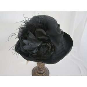   Massey #13045 Black Ribbon Cloche Hat w/ Black Flower 