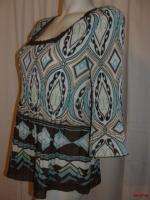 BFS04~DRESSBARN Blue Brown Lime Crinkle 3/4 Sleeve Blouse Top Size M 8 