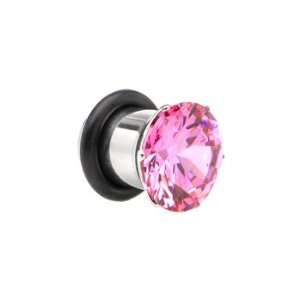  0 Gauge Stainless Steel Pink Cubic Zirconia Plug: Jewelry