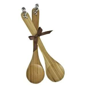  Solid Bamboo Serving Spoons w Pewter Kokopelli Accent 