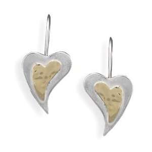 14 Karat Gold and Sterling Silver Heart Wire Earrings Measures 26mm X 