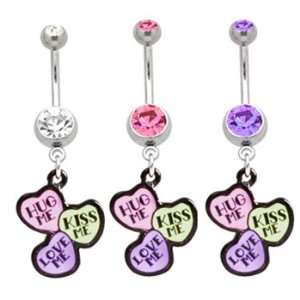 Pink Jeweled Danlging Valentine Candy Hearts Belly Ring   14g (1.6mm 
