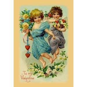  Vintage Art Two Angel Girls With Flowers   10513 5