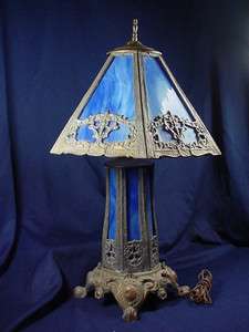 BLUE SLAG GLASS SHADE & BASE ~ BRONZE METAL LAMP c 1920  