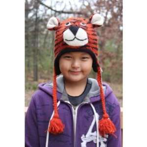  Kids Size Tiger 100% Wool Pilot Animal Ski Cap / Hat With 