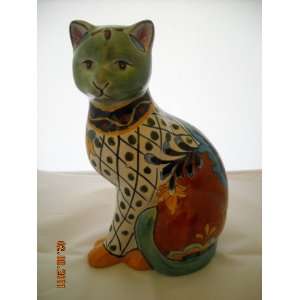  Mexican Talavera Cat Sitting Pottery Statue New 