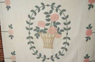 30s Rose Bouquet Vine Wreath Applique Hand Stitched Antique Quilt 