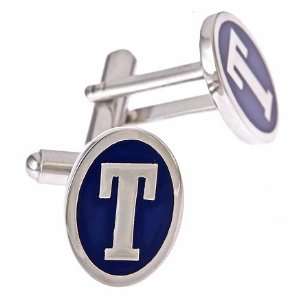 Silver plated and blue enamel initial T cufflinks with presentation 