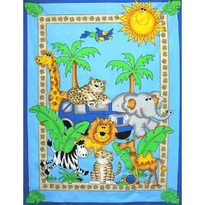   Safari Friends Gather Panel Blue Fabric By The Panel Arts, Crafts