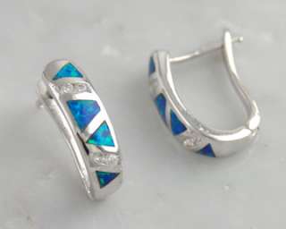 Sterling Silver Blue Opal CZ Hoop Huggie Earrings Solid .925 Bling 
