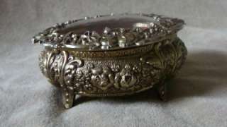 Vintage Trinket Vanity Jewelry Box Footed Brass Roses Glass Cover 