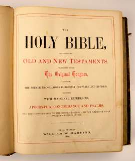 ANTIQUE BIBLE, PHILADELPHIA 1874, LEATHER, HARDING, ILLUSTRATED, 6 