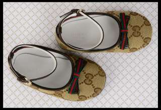 225 GUCCI BABY FLATS BALLERINA SHOES GG LOGO CANVAS WEB BOW & LEATHER 