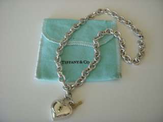 Tiffany & Co. Sterling 18K Gold Heart Padlock Lock & Key Pendant Chain 