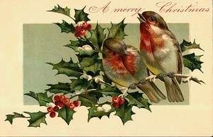   Victorian Christmas Postcard Printed onto Fabric Victorian Red Robins