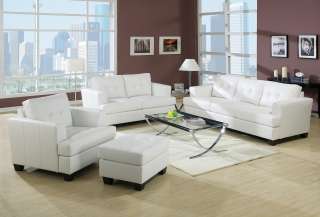 SOFA LOVESEAT CHAIR OTTOMAN WHITE LEATHER 4 PIECE SET BUTTONED SEATS 