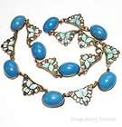 Vintage Art Deco Blue Enameled Glass Cabochon Brass Choker Necklace