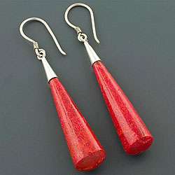 Sterling Silver Red Sea Coral Dangle Earrings (Bali)  Overstock