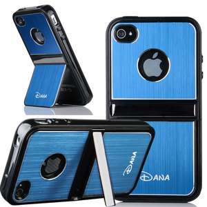 Blue Aluminum TPU Hard Case Cover W/Chrome Stand For iPhone 4 4G 4S 