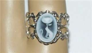   /Victorian Grey/White Cat/Kitty Cameo Adjustable Lace/Filigree Ring