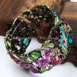 Colorful Resin Crystal Flower Cuff Bronze Bracelet Gift  