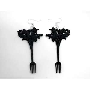  Black Satin Salad and Fork Wooden Earring GTJ Jewelry