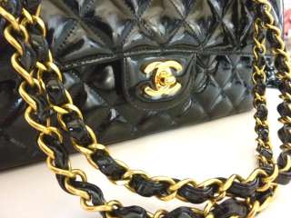 Auth CHANEL Black Quilted Patent Medium Classic 2.55 Double Flap Bag 