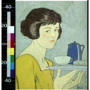  Girl holding tea pot,cup on tray