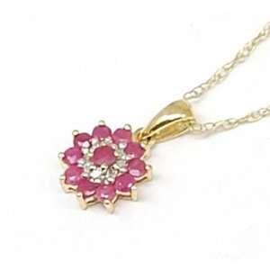    9ct Gold Ruby Diamond Flower Pendant, 18 Fine Chain: Jewelry