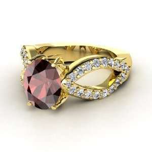   Ring, Oval Red Garnet 18K Yellow Gold Ring with Diamond: Jewelry