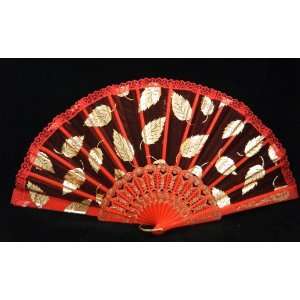    Red Lace Trimmed Hand Fan   Gold Leaves Design 