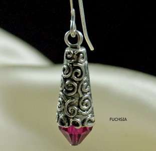   CRYSTAL & TIBETAN SILVER CONE EARRINGS with STERLING SILVER EAR WIRES