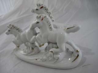   Vintage White with Gold Porcelain Asian Horses Statue Figurine  