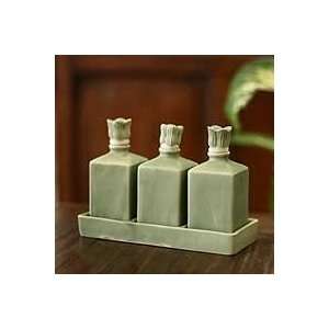  NOVICA Ceramic oil bottles, Jade Bali Lotus (set of 3 