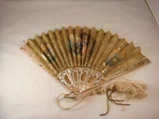 Antique Mother Of Pearl Hand Painted Fan French 19th C.  