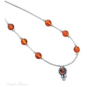   Silver Honey Cognac Amber Beads Pendant Choker Necklace Jewelry