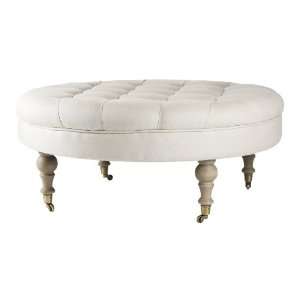   French Country Round Linen Tufted Coffee Table Ottoman
