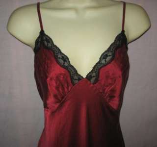 Valerie Stevens Burgundy Silk Long Nightgown Blk Lace L  