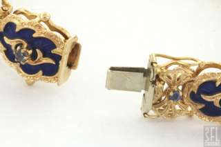 HEAVY 18K GOLD ITALY 1.50CT SAPPHIRE BLUE ENAMEL FLORAL FILIGREE LINK 