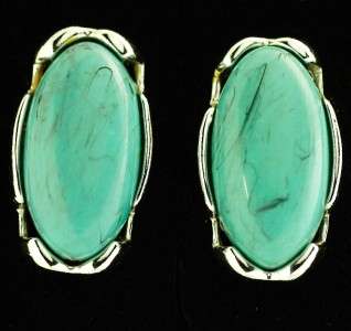 LARGE CHUNKY VINTAGE FAUX TURQUOISE EARRINGS SIGNED  