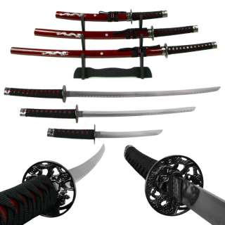 Deluxe Red Dragon Katana Samurai Sword 3pc Set w/ stand  