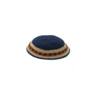  20 cm navy blue knitted kippah with a large crocheted 