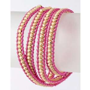 Gold Metal Beaded Rope Bracelet in Pink   Button Closure, Approx. 30 