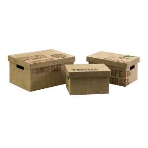 Set of 3 Brazilian Jute Fabric Storage Boxes with Stenciled 