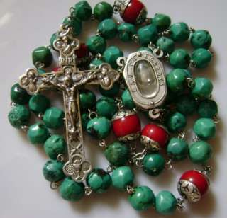 Real Turquoise Coral Rosary Sterling 925 Silver Cross  