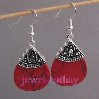 Stunning Silver Plated Red Turquoise Teardrop Earrings  